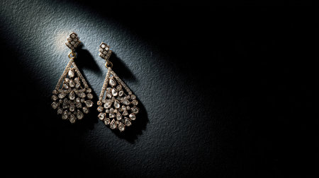 A pair of stunning vintage earrings features intricate designs adorned with sparkling gemstones, beautifully captured in dramatic lighting against a dark backdrop.の素材