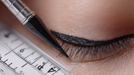 This close-up image features the precise application of eyeliner using a ruler for accuracy, showcasing tools and techniques in makeup artistry.の素材