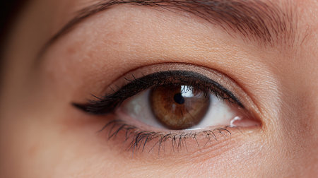 This close-up image captures a woman's eye, highlighting her natural beauty with detailed eyelashes and expertly applied eyeliner. Ideal for beauty and fashion themes.の素材