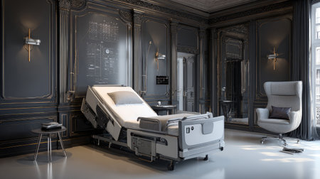 This sophisticated hospital room features an adjustable bed and ergonomic chair, designed with modern elegance and comfort in a luxurious dark interior.の素材