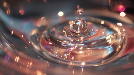 Captivating close-up of water droplets creating beautiful ripples on a reflective surface, enhanced by colorful bokeh in the background. Perfect for various creative projects.の素材