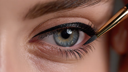 This striking close-up showcases a skilled makeup application featuring a winged eyeliner technique, highlighting the eye's captivating color and intricate details.の素材