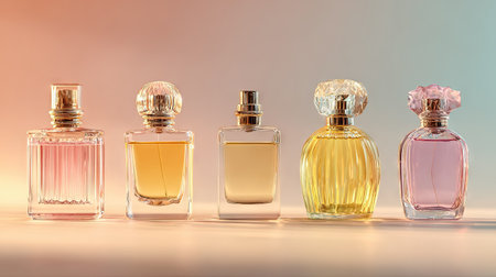 A captivating arrangement of five distinct perfume bottles showcasing various shapes and colors against a soft pastel background, ideal for fragrance marketing or beauty-themed projects.の素材