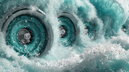A mesmerizing close-up of bright turquoise waves energetically crashing against modern technology wheels, capturing the dynamic motion and fluid beauty of nature.の素材