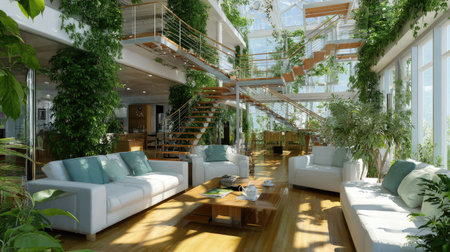 This bright living space features an inviting atmosphere with modern furnishings, abundant greenery, and a striking wooden staircase creating a serene and uplifting environment.の素材