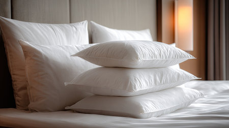 A serene and inviting image showcasing neatly stacked white pillows on a soft bed in a modern bedroom. The warm ambient light enhances relaxation, creating a perfect space for peaceful sleep or tranquil moments.の素材