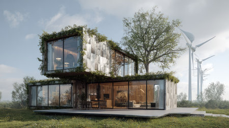 A stunning modern home designed with sustainability in mind, featuring large windows, greenery, and wind turbines nearby, showcasing eco-friendly living.の素材