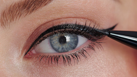 This striking close-up captures the meticulous application of black eyeliner on a light blue eye, showcasing the beauty of precise makeup techniques.の素材