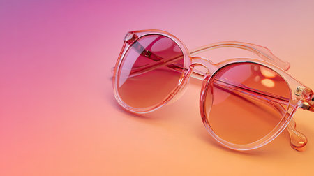 Round sunglasses with pink lenses sit stylishly on a soft pastel gradient background, capturing an essence of summer and fashion, perfect for lifestyle photography.の素材