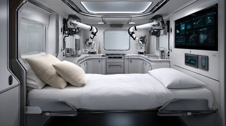 Explore a futuristic bedroom interior featuring advanced robotic arms, sleek design, and high-tech appliances, perfect for innovative living and comfort.の素材