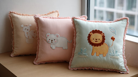 A collection of three charming decorative pillows designed for children's rooms, featuring adorable animal embroidery and soft colors. Perfect for adding a playful touch to any space.の素材