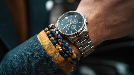 A close-up shot features a luxurious watch and a beaded bracelet worn on a male hand. The image captures elegance and style, perfect for fashion themes.の素材