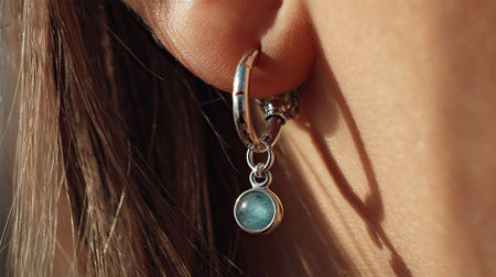 This close-up photograph showcases an elegant silver earring adorned with a blue gemstone, hanging gracefully from a woman's ear lobe. The interplay of natural light accentuates the earringの素材