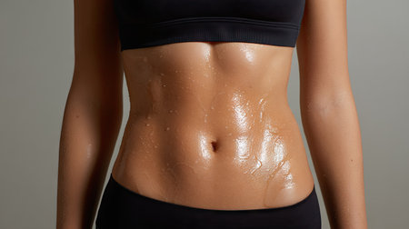 This image showcases a close-up view of a female abdomen with glowing and hydrated skin, accentuated by water droplets, symbolizing health and beauty.の素材
