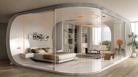 Experience a unique modern bedroom that combines glass elements with minimalist decor to create a stylish and serene living environment.の素材