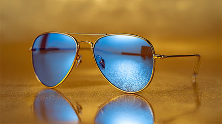 A pair of stylish gold frame sunglasses with blue reflective lenses rests against a shimmering background, capturing the essence of summer and luxury accessories.の素材