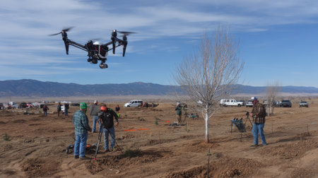 A drone hovers above a construction site where workers are engaged in land surveying and equipment handling. The scene captures teamwork in an outdoor environment.の素材