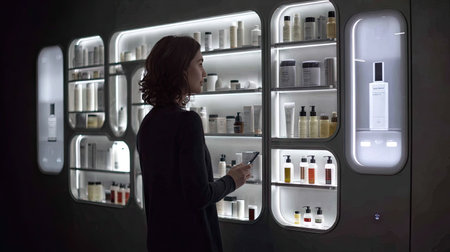 A woman interacts with a sleek display of beauty and skincare products in a modern store setting, highlighting consumer choices and wellness trends.の素材