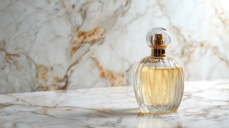 A stunning glass perfume bottle elegantly displayed on a marble surface. The golden accents and soft lighting enhance the luxury and beauty of the composition.の素材