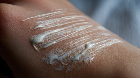 A detailed close-up image showing a hand applying moisturizing cream, showcasing its smooth texture. Ideal for skincare, health, and beauty-related content.の素材
