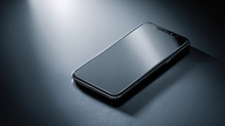 A modern smartphone lies on a dark surface, enhanced by soft light, emphasizing its sleek design and minimalistic features for photographers and designers.の素材