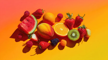 A vibrant display of fresh fruits including kiwi, watermelon, mango, and strawberries arranged beautifully on a gradient background, symbolizing health.の素材