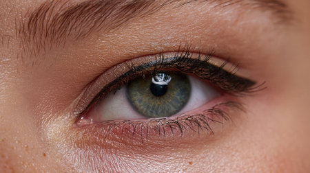 This stunning close-up features a human eye showcasing a vibrant iris color and expertly applied makeup, illuminated by soft natural light.の素材
