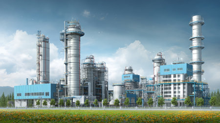 This image depicts a modern industrial plant with advanced machinery and structures under a bright sky, surrounded by green landscapes. The scene reflects innovation and technological advancement in manufacturing and energy production.の素材