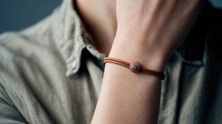 A close-up image of a minimalist leather bracelet worn on a wrist, featuring natural colors and textures in a soft-lit environment, perfect for lifestyle and fashion themes.の素材