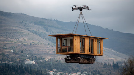 This striking image showcases a modern wooden cabin being transported by a drone over a picturesque mountain landscape, highlighting technological innovation.の素材