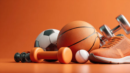 A vibrant display of orange sports equipment including dumbbells, various balls, and running shoes on a striking orange background, perfect for fitness themes.の素材
