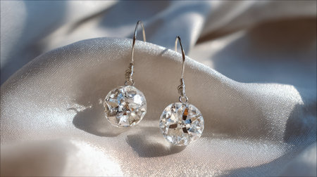 Elegant crystal earrings glimmer against a soft satin backdrop, showcasing intricate detail and timeless beauty, ideal for jewelry lovers and fashion enthusiasts.の素材