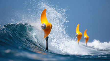 An energetic scene capturing ocean waves crashing against vibrant yellow turbines designed for harnessing renewable energy, illustrating innovation and nature's power.の素材