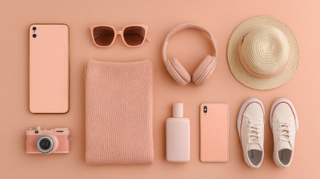 This flat lay showcases various stylish accessories in soft peach tones, perfect for capturing the essence of modern fashion and lifestyle.の素材