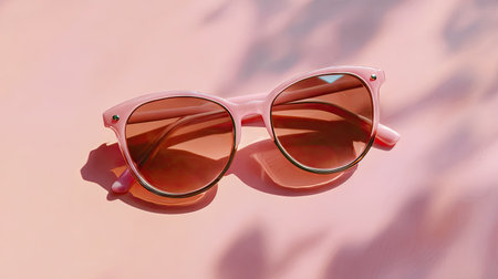 This captivating image showcases stylish pink sunglasses resting on a soft pink background, capturing the essence of summer fashion with playful shadows.の素材