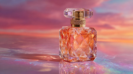 A stunning perfume bottle captures the essence of elegance and luxury, beautifully reflecting a colorful sunset sky. Ideal for beauty and fashion themes.の素材