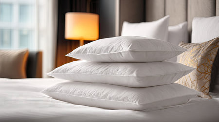 This image showcases a luxurious hotel bedroom featuring a neat stack of white pillows on a pristine bed. The warm lighting enhances the inviting atmosphere, ideal for relaxation and comfort in a modern interior setting.の素材