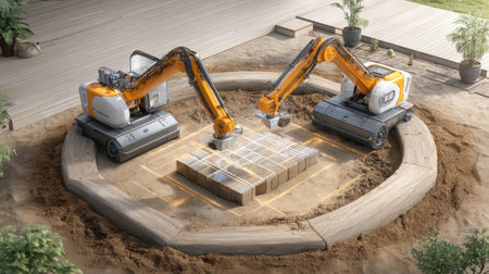 This image captures two robotic machines engaged in precise ground preparation and block placement at a modern outdoor construction site. The scene showcases innovative technology and automation in the construction industry.の素材