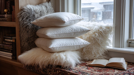 A cozy winter interior featuring soft white pillows, fluffy textured throws, and an inviting book by a sunny window. Ideal for relaxation and comfort.の素材