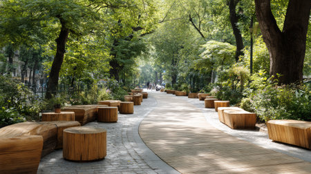 This image captures a vibrant urban green space showcasing a meandering pathway surrounded by lush trees and inviting wooden benches.の素材