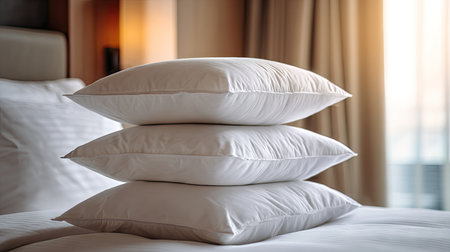 A collection of soft white pillows stacked neatly on a hotel bed, illuminated by warm natural light. The scene evokes tranquility and comfort, making it ideal for relaxation.の素材