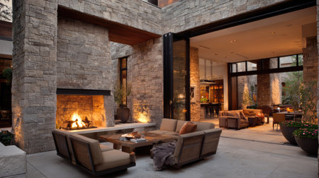 This image showcases a cozy modern outdoor living space featuring a stunning stone fireplace and contemporary furniture, perfect for relaxation.の素材