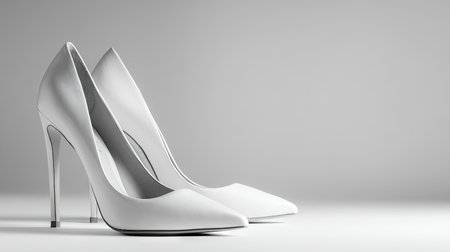 Discover the beauty of these elegant white high heels resting on a smooth grey surface, showcasing simplicity and modern fashion in a refined setting.の素材