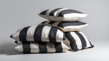A collection of stylish black and white striped cushions stacked artfully against a minimalist backdrop, perfect for enhancing modern interior spaces.の素材