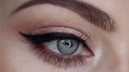 This close-up image captures the mesmerizing beauty of an eye adorned with elegant eyeshadow and a dramatic winged eyeliner, showcasing artistry and glamour.の素材