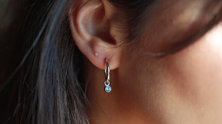 This close-up image highlights a woman's ear adorned with a delicate silver hoop earring featuring a charming sparkling gemstone. The soft natural light accentuates the elegance and beauty of the jewelry, making it perfect for fashion or beauty themes.の素材