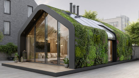 This image features a modern eco-friendly house surrounded by lush greenery, showcasing large glass windows that enhance the sustainable design and connection to nature.の素材