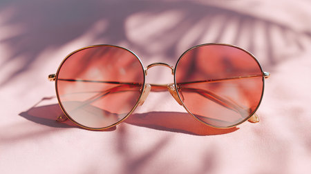A close-up photograph of stylish round sunglasses resting on a soft pink surface. The gentle shadows create an artistic vibe, making it perfect for summer-themed fashion content.の素材