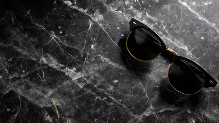 This artistic image showcases stylish black sunglasses resting on an elegant dark marble surface. The contrast of textures highlights luxury and minimalism.の素材