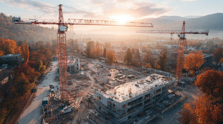 A stunning aerial view of an urban construction site at sunrise, showcasing cranes and a beautiful autumn landscape, highlighting industrial progress.の素材